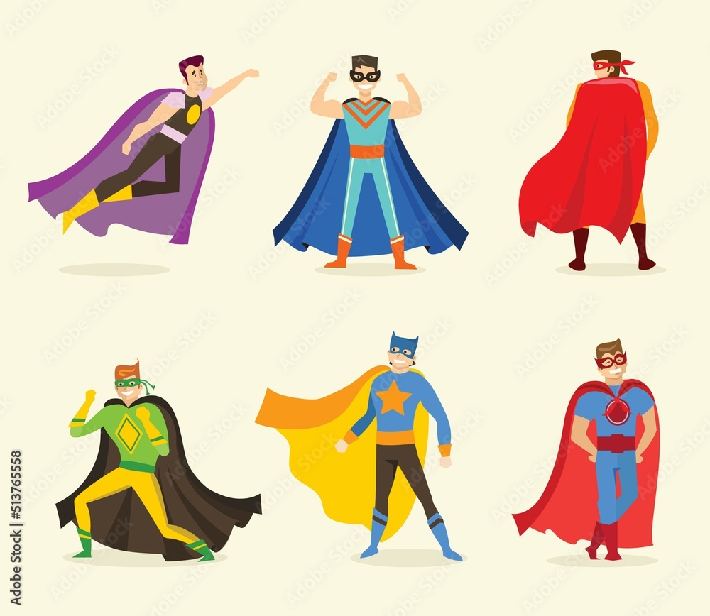 Vector illustrations in flat design of male superheroes in funny comics costume