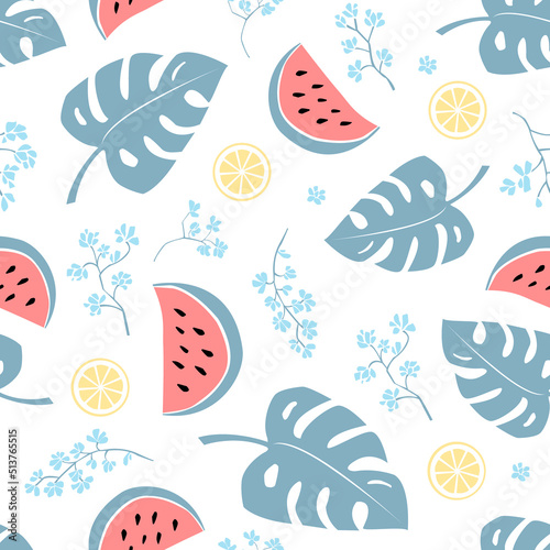 Simple seamless vector light pattern of monstera leaves, watermelons, lemons, flowers. For fabrics, wrapping paper, wallpapers.