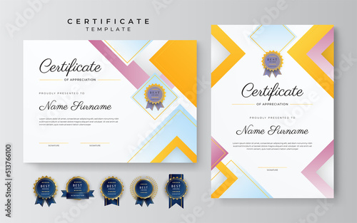 Modern elegant orange and pink certificate of achievement template with gold badge and border. Designed for diploma, award, business, university, school, and corporate.
