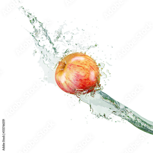 A ripe apple in bright splashes of water flies on a white background. Advertising poster.
