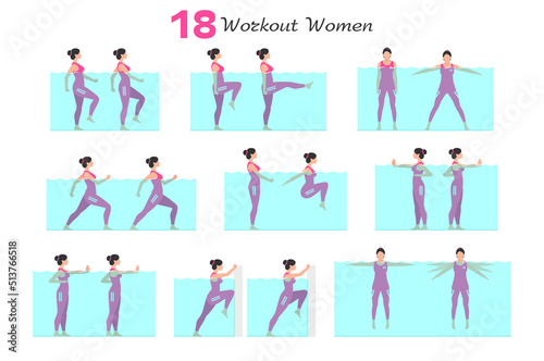 Women workout set. Women Fitness Aerobic and Exercises. Women doing fitness and yoga exercises. Flat style