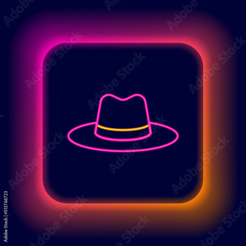 Glowing neon line Man hat with ribbon icon isolated on black background. Colorful outline concept. Vector