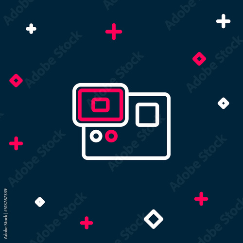 Line Action extreme camera icon isolated on blue background. Video camera equipment for filming extreme sports. Colorful outline concept. Vector