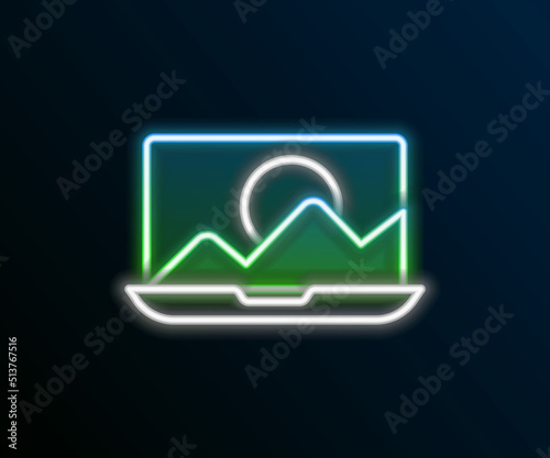 Glowing neon line Photo retouching icon isolated on black background. Photographer, photography, retouch icon. Colorful outline concept. Vector