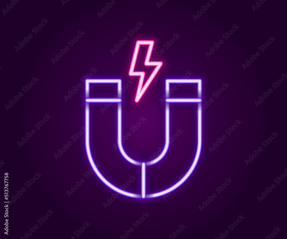 Glowing neon line Magnet icon isolated on black background. Horseshoe magnet, magnetism, magnetize, attraction. Colorful outline concept. Vector Glowing neon line Magnet icon isolated on black background. Horseshoe magnet, magnetism, magnetize, attraction. Colorful outline concept. Vector
