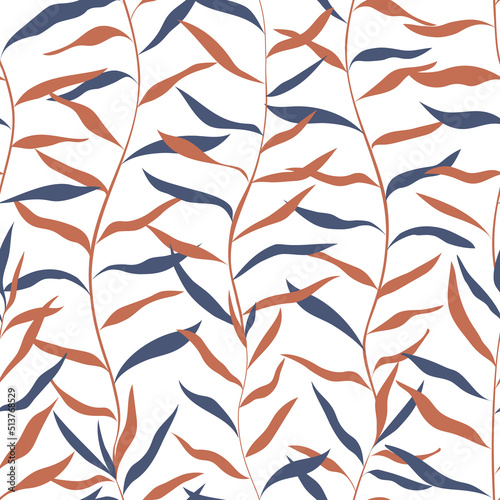 Seamless pattern with long curved branches of blue red color. Minimalistic vector illustration for design and textiles.