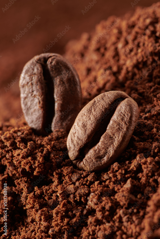 Fototapeta premium Roasted coffee beans different sort ground and whole close up background
