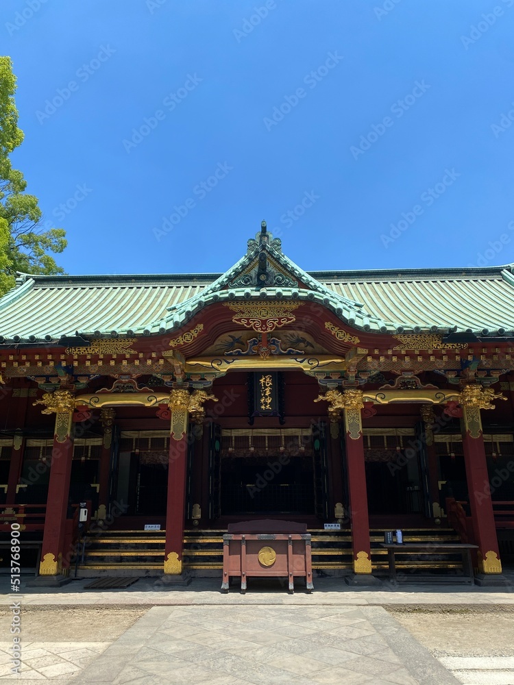 Beautiful pagoda design of traditional architecture, Japanese shrine in Tokyo Nezu, year 2022 June 28th
