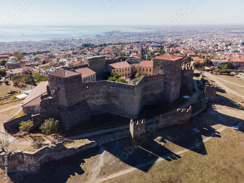 Drone view of Heptapyrgion Byzantine fortress with towers and bastions, Thessaloniki, Greece  photo