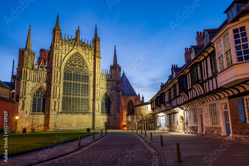 York Minster and College Street at night, City of York, Yorkshire, England photo