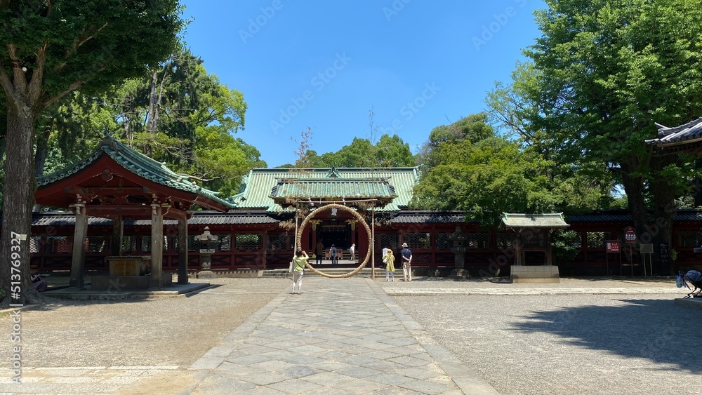 Japanese shrine at the June purification ceremonial setting, the ring of “Chinowa” displayed in front of the main enshrinement that people go through for this certain ceremony.  Year 2022 June 28th
