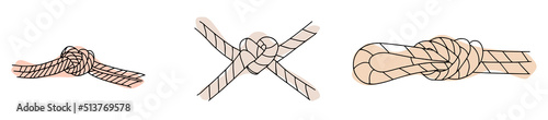 Set of isolated ropes with different knot types. Nautical thread or cord with sheet bend and overhand, granny and figure eight, square or reef knot. Two ropes knotted or whipcord intertwined.  photo