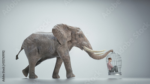 Tableau sur toile Elephant carries a bird cage with a man inside.