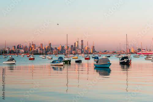 View of City of Melbourne from Williamstown port through sail boats, Williamstown, Victoria, Australia, Pacific photo