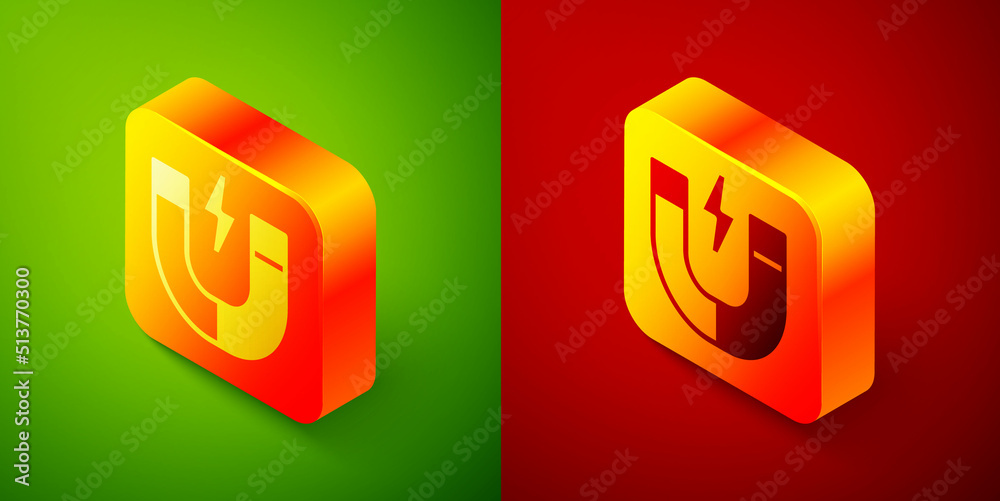 Isometric Magnet icon isolated on green and red background. Horseshoe magnet, magnetism, magnetize, attraction. Square button. Vector Isometric Magnet icon isolated on green and red background. Horseshoe magnet, magnetism, magnetize, attraction. Square button. Vector
