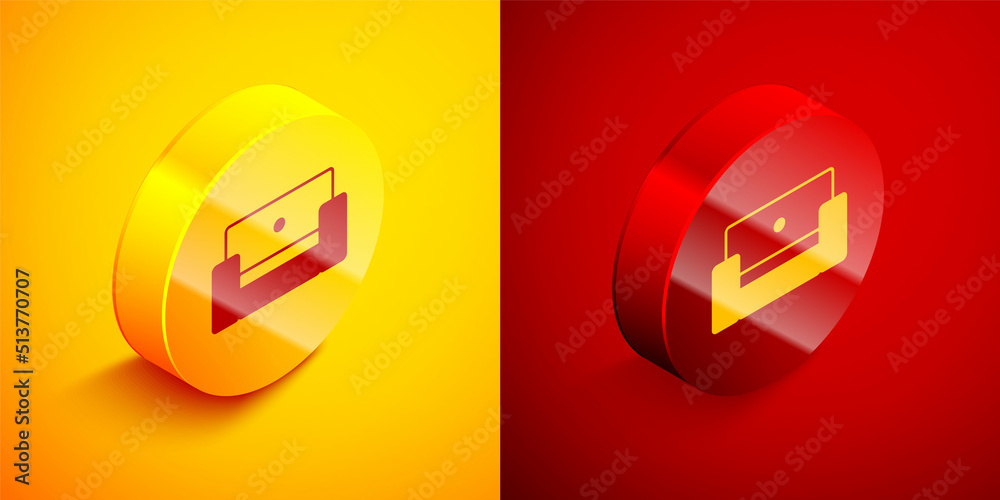 Isometric Armchair icon isolated on orange and red background. Circle button. Vector Isometric Armchair icon isolated on orange and red background. Circle button. Vector