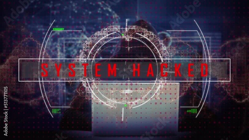 Animation of system hacked over brain, viewfinder and navy background photo