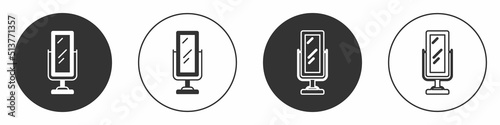 Black Big full length mirror for bedroom, shops, backstage icon isolated on white background. Circle button. Vector