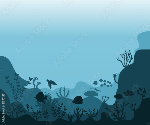 silhouette of coral reef with fish and divers on blue sea background underwater vector illustration