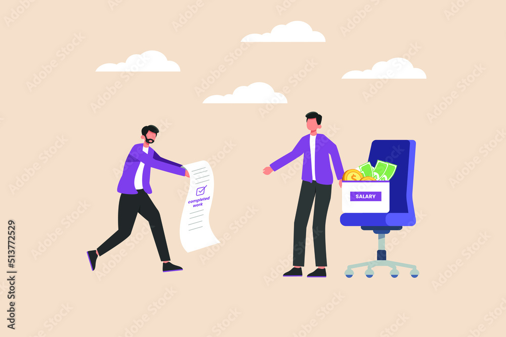 Employee man got their work completed and receive salary from his boss. Human resources concept. Colored flat graphic vector illustration isolated. Employee man got their work completed and receive salary from his boss. Human resources concept. Colored flat graphic vector illustration isolated.