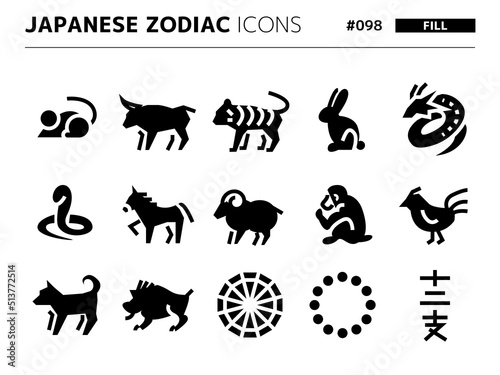 十二支に関連する塗りつぶしスタイルのアイコンセット_098