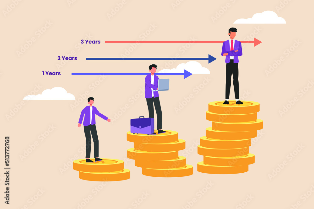 Businessman standing on pile of coins their wealth based on length of work in office. Human resources concept. Colored flat graphic vector illustration isolated. Businessman standing on pile of coins their wealth based on length of work in office. Human resources concept. Colored flat graphic vector illustration isolated.