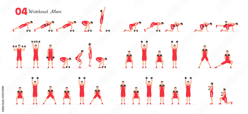 Men workout set. Men Fitness Aerobic and Exercises. Men doing fitness and yoga exercises. Flat style