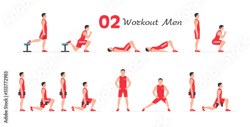 Men workout set. Men Fitness Aerobic and Exercises. Men doing fitness and yoga exercises. Flat style