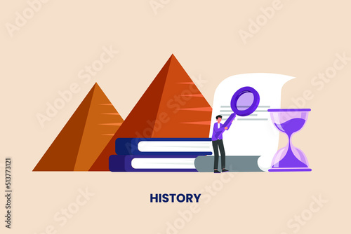 Student reads historical writings with a magnifying glass. Subjects concept in school and university. Flat vector illustration isolated.