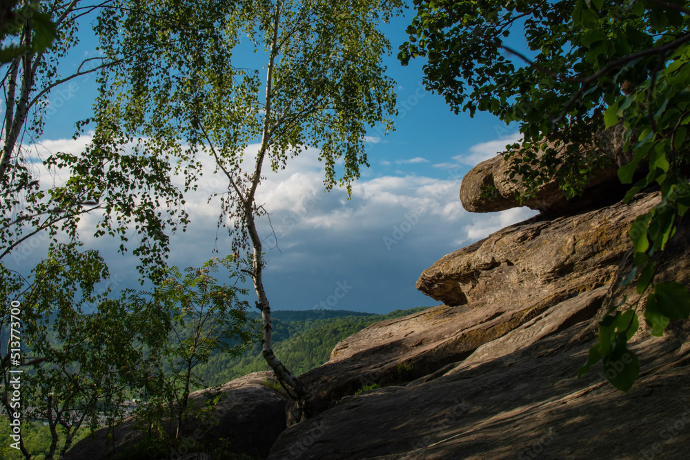 Rocky cliff with trees growing, mountanins and beautiful blue sky in the background. Summer vacations and travel destination