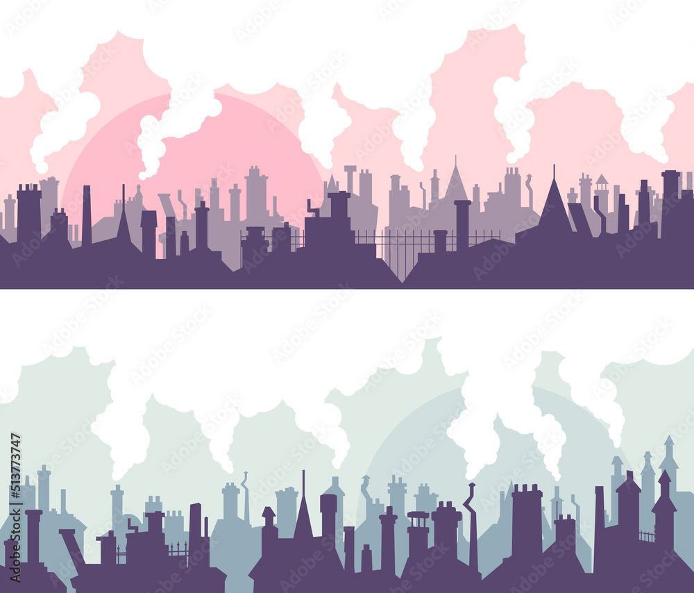 Set of vector horizontal abstract banners of old historic part of city roofs with chimney flues and smoke.