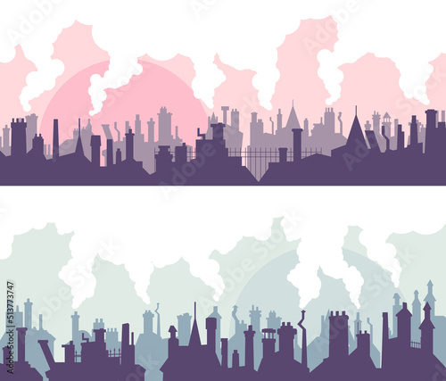 Set of vector horizontal abstract banners of old historic part of city roofs with chimney flues and smoke.