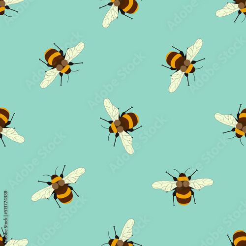 Seamless pattern with bees on color background. Small wasp. Vector illustration. Adorable cartoon character. Design for invitation, cards, textile, fabric. Doodle style