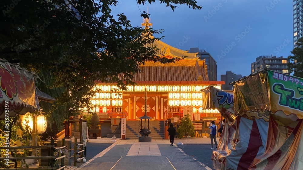 The path to the beautiful Japanese temple at night with Japanese paper lanterns lit in gold, the dim reflects on the exterior of the temple building, heartwarming scenery of the cultural scene Tokyo, 