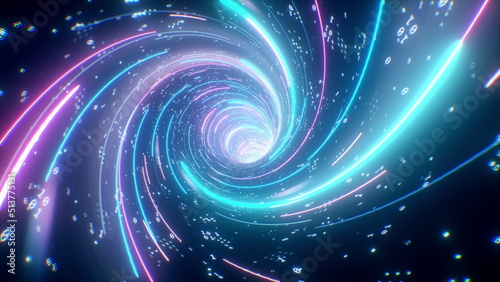 Flying inside digital data tunnel. Futuristic abstract background with neon rays. Concept for big data, blockchain, cryptocurreny, internet, hyperspace and space travel. 4k 3D render