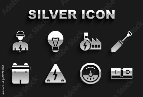 Set High voltage, Screwdriver, Electric light switch, meter, Car battery, Nuclear power plant, Electrician and Creative lamp idea icon. Vector