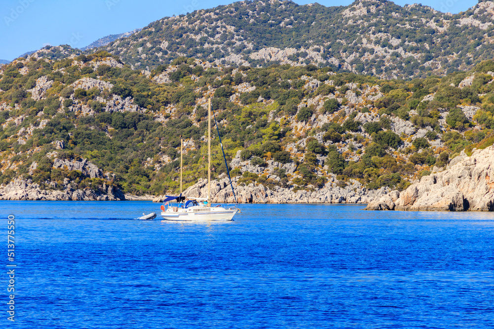Yacht sailing in the Mediterranean sea near Kekova island in Antalya province, Turkey. Turkish Riviera