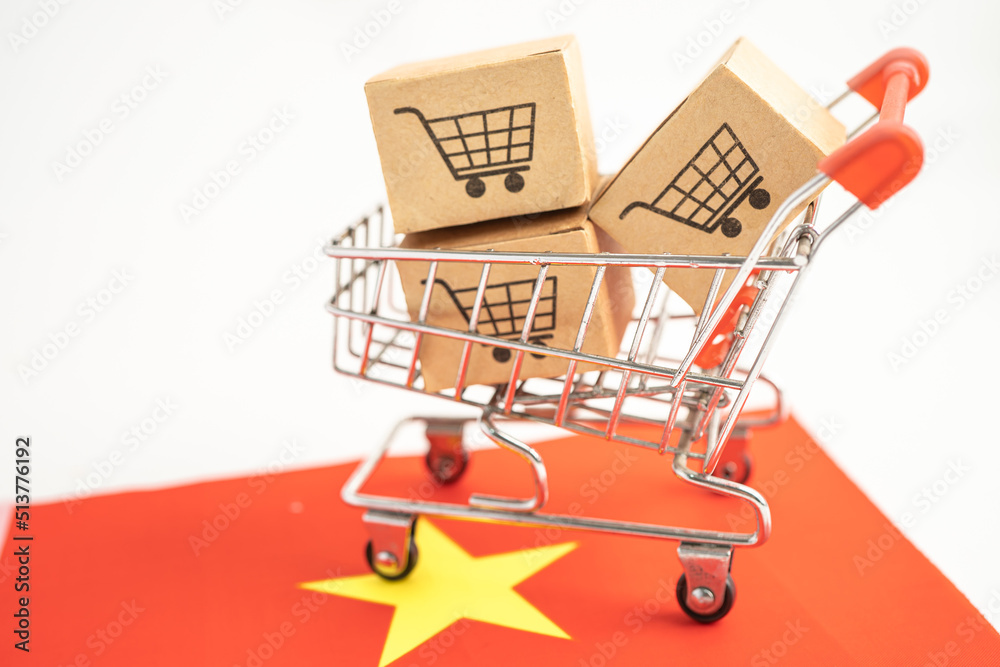 Box with shopping online cart logo and Vietnam flag, Import Export Shopping online or commerce finance delivery service store product shipping, trade, supplier concept.
