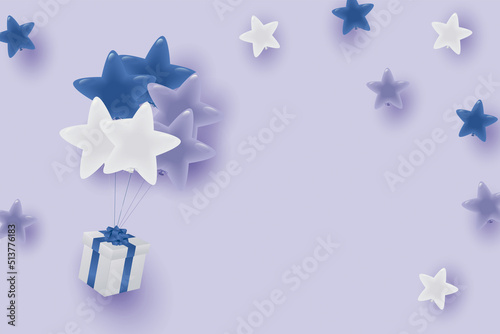 中間色の星形風船とギフトボックスのイラスト