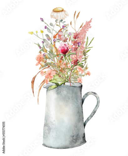 bouquet of wild flowers in a jug watercolor hand drawn illustration