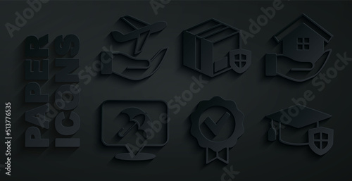 Set Approved and check mark, House in hand, Umbrella, Graduation cap with shield, Delivery security and Plane icon. Vector
