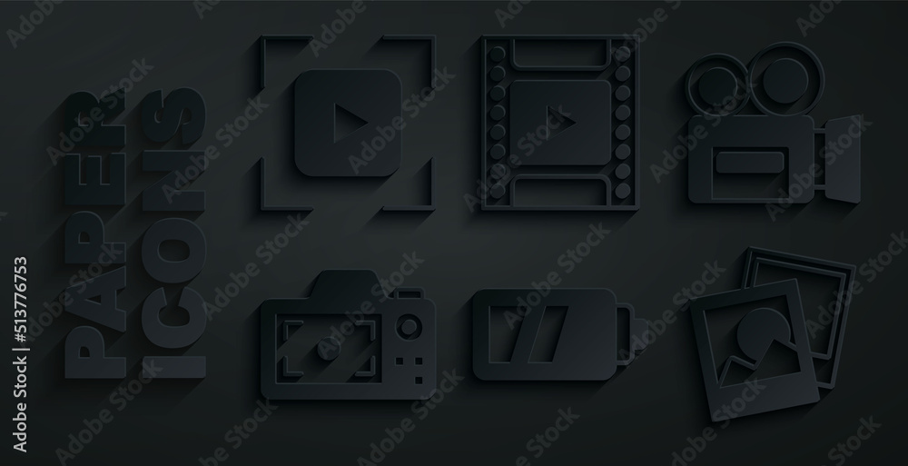 Set Battery for camera, Retro cinema, Photo, frame, Camera film roll cartridge and focus line icon. Vector