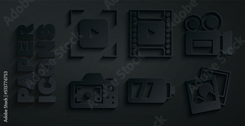 Set Battery for camera, Retro cinema, Photo, frame, Camera film roll cartridge and focus line icon. Vector