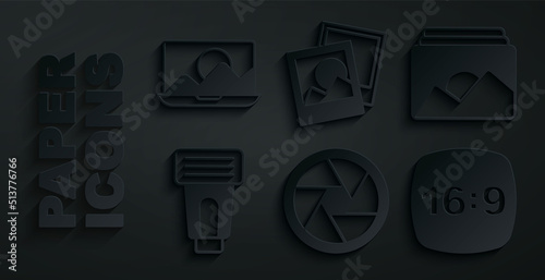 Set Camera shutter, Photo frame, camera flash, 16, and retouching icon. Vector