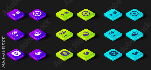 Set Photo camera, mode macro, Cinema, Camera shutter and Studio light bulb softbox icon. Vector