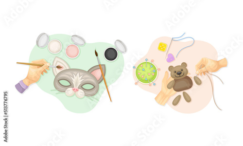Top view of hands creating crafts set. Hands making carnival mask and sewing bear toy vector illustration
