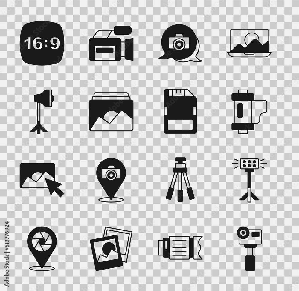 Set Action extreme camera, Studio light bulb in softbox, Camera film roll cartridge, Photo, frame, 16 and SD card icon. Vector