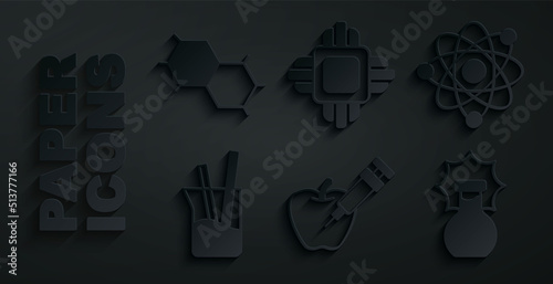 Set Genetically modified apple, Atom, Laboratory glassware, Explosion in the flask, Processor CPU and Chemical formula icon. Vector