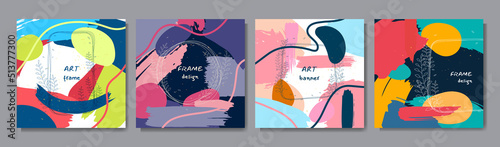 Vector illustration. Colorful organic concept wallpaper. Aesthetic poster set. Messy wave brush strokes. Spring floral style. Design elements for social media template, web banner, blog post