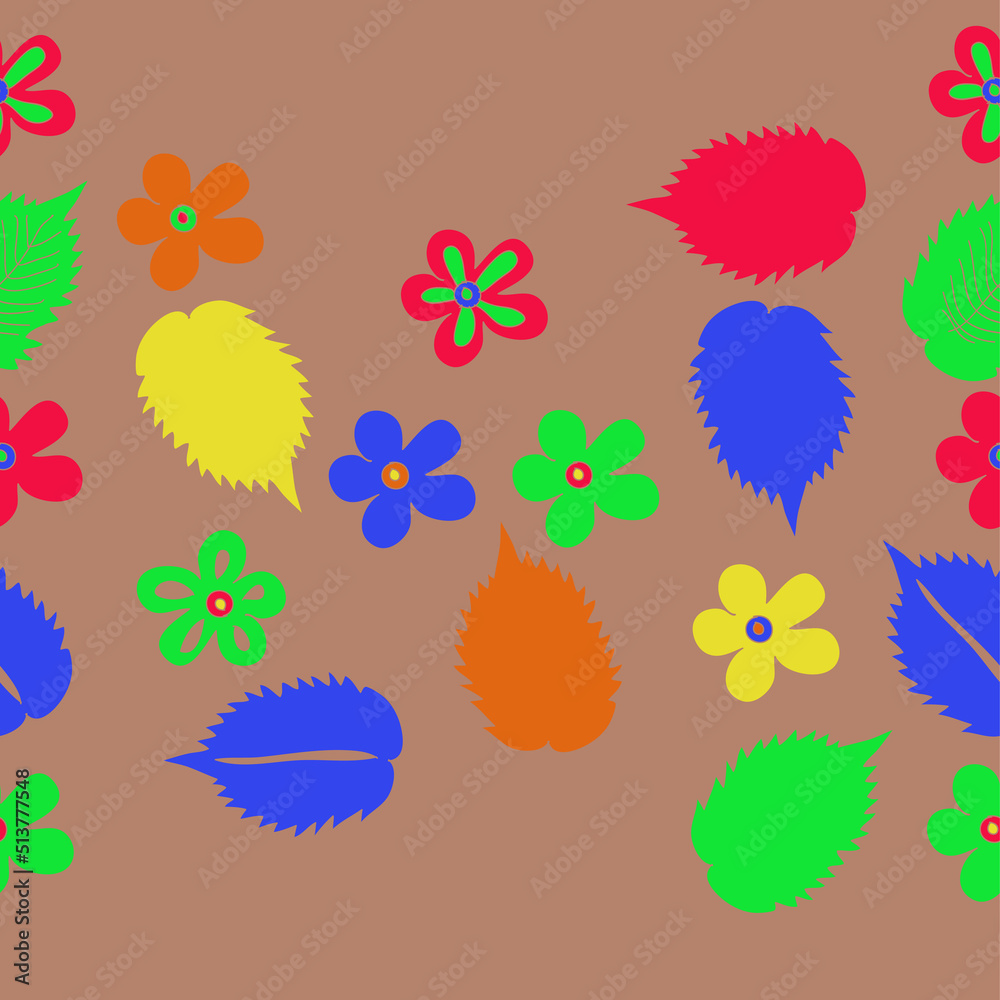Horizontal stylized colored  floral. Hand drawn.